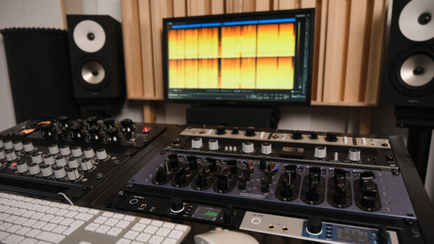 Kuvassa äänistudio, äänilaitteistoa: Manley Massive Passive, RME ADI-2 Pro, Custom Audio Germany HDE-250 EQ, IGS Audio Tubecore 3U -kompressori, TK Audio BC1 -kompressori, Overstayer MAS Rotary, Amphion kaiuttimet, tietokoneen näyttölaite, jossa avoinna Izotope RX -ohjelmisto.