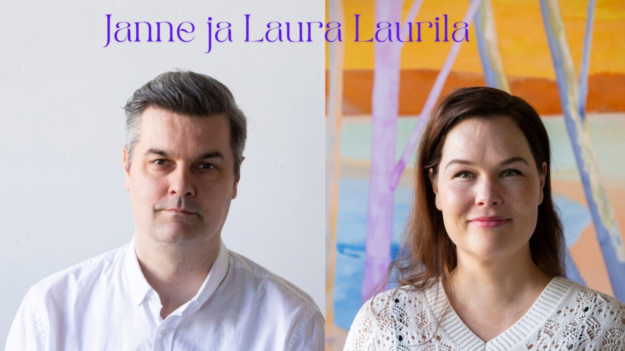 Valokuva miehestä ja naisesta vierekkäin taustallaan värikäs maalaus. Kuvan yläreunassa teksti Janne ja Laura Laurila.