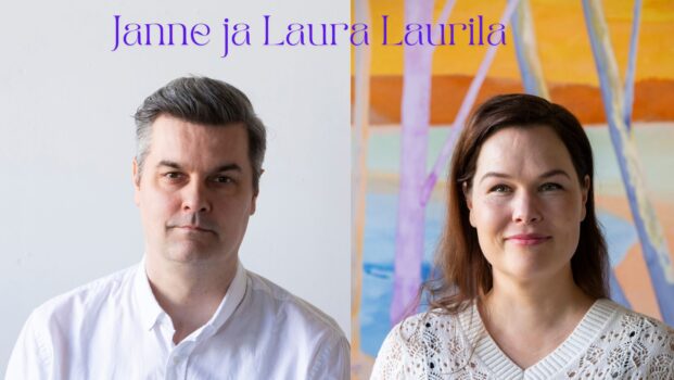 Valokuva miehestä ja naisesta vierekkäin taustallaan värikäs maalaus. Kuvan yläreunassa teksti Janne ja Laura Laurila.