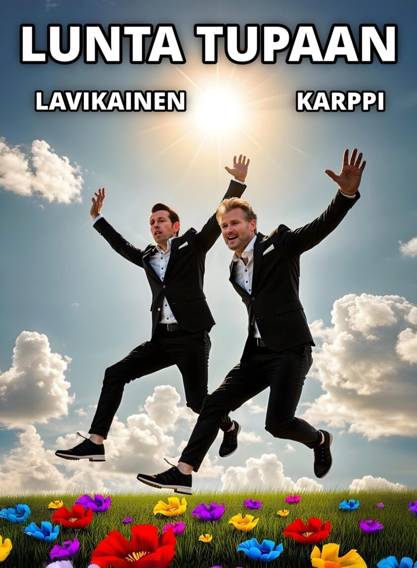 Timo Lavikaisen ja Pasi Karpin roolihahmot juoksevat kesäisellä niityllä.