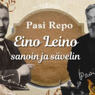 Kuvassa vasemmalla Eino Leino katsoo viistosti vasemmalle ja kuvassa oikealla oleva Pasi Repo katsoo oikealle kohti Eino Leinoa. Pasi Revolla on kitara kädessä.