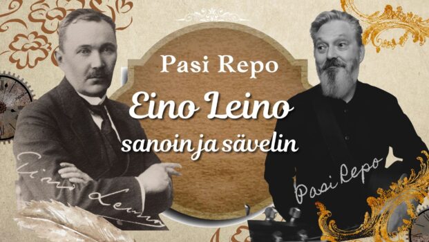 Kuvassa vasemmalla Eino Leino katsoo viistosti vasemmalle ja kuvassa oikealla oleva Pasi Repo katsoo oikealle kohti Eino Leinoa. Pasi Revolla on kitara kädessä.