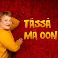 Kuvassa esiintyjä Suvi Eloranta ja punaisella taustalla keltainen teksti: tässä mä oon.