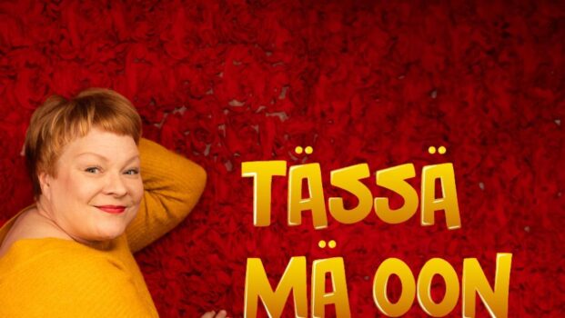 Kuvassa esiintyjä Suvi Eloranta ja punaisella taustalla keltainen teksti: tässä mä oon.