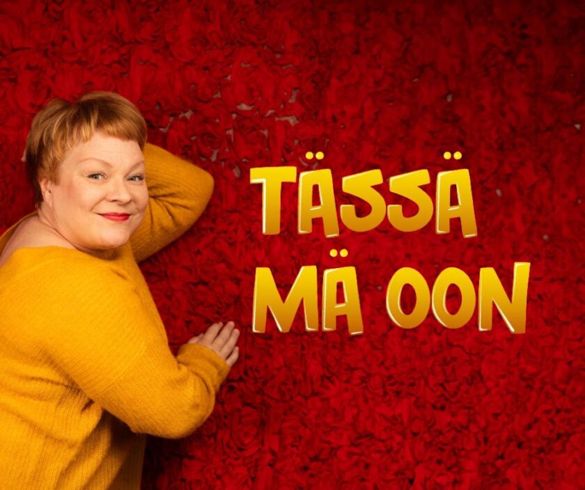 Kuvassa esiintyjä Suvi Eloranta ja punaisella taustalla keltainen teksti: tässä mä oon.