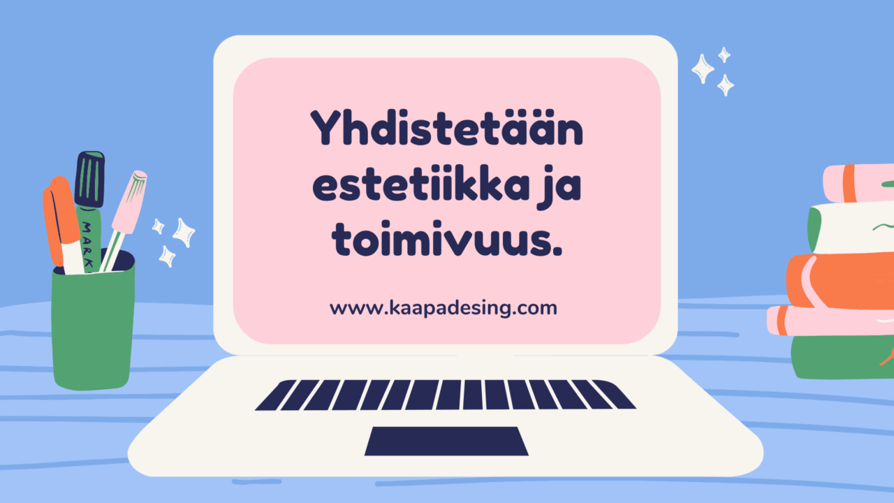 Piirretty laptop pöydän päälle. Näytöllä lukuu 