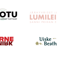 Kuvassa erilaisia värillisiä logoja tekstillä.
