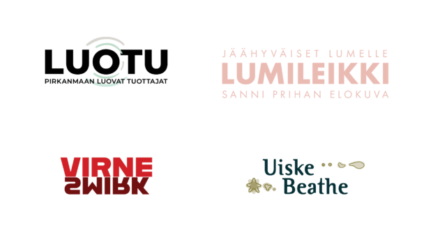 Kuvassa erilaisia värillisiä logoja tekstillä.