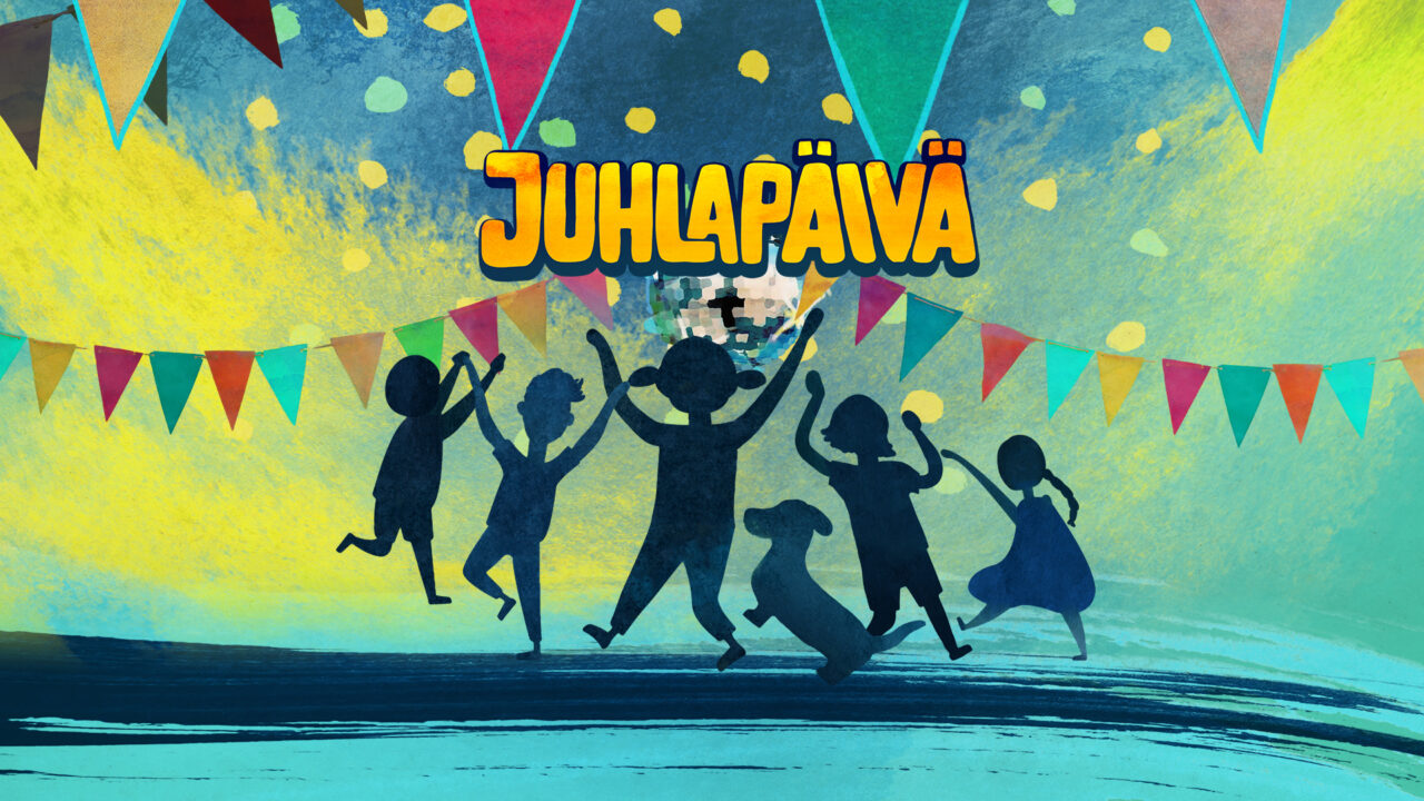 Piirretyssä kuvassa näkyy keltavihreää taustaa vasten lapsia ja Fea-koira tanssimassa. Kuvassa on värikkäitä viirejä ja keskellä kuvaa on discopallo, jonka päälle on kirjoitettu teksti Juhlapäivä.