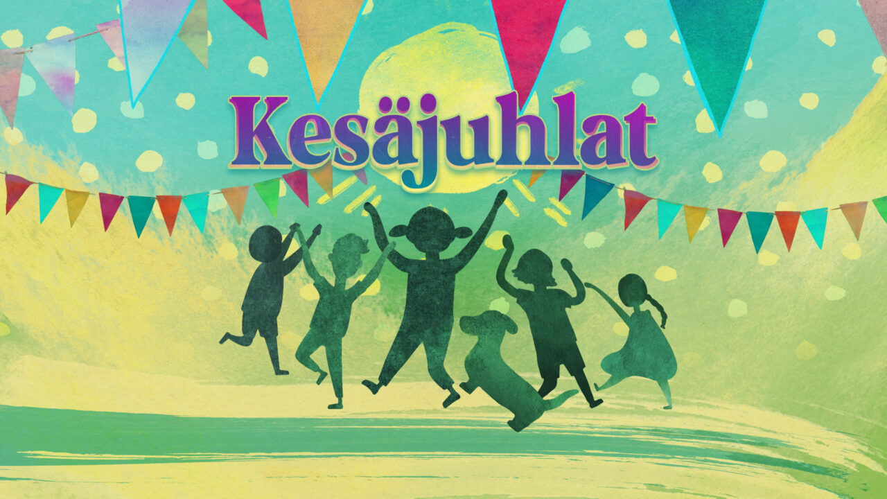 Piirretyssä kuvassa näkyy keltavihreää taustaa vasten lapsia ja Fea-koira tanssimassa. Kuvassa on värikkäitä viirejä ja keskellä kuvaa on aurinko, jonka päälle on kirjoitettu teksti ’Kesäjuhlat’.